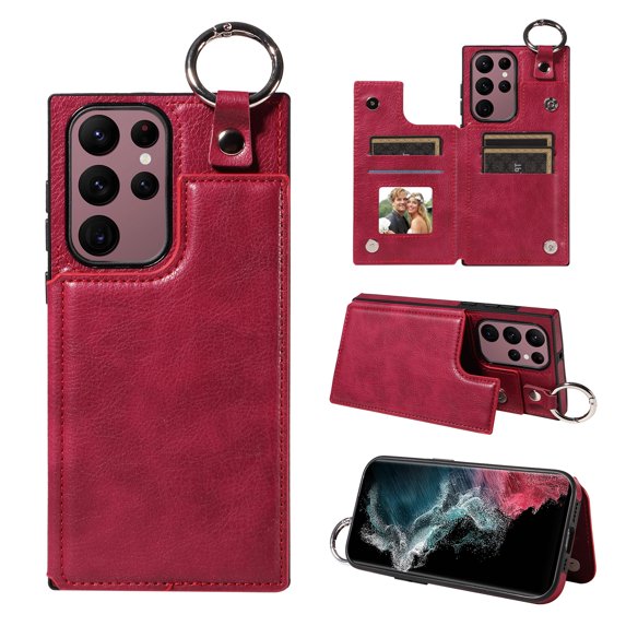 Nalacover for Samsung Galaxy S22 Ultra Wallet Case with Card Slots & Metal Finger Ring, Durable PU Leather Back Double Magnetic Botton Flip Kickstand Purse Shockproof Phone Case,Red