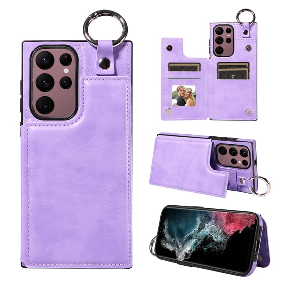 Nalacover for Samsung Galaxy S22 Ultra Wallet Case with Card Slots & Metal Finger Ring, Durable PU Leather Back Double Magnetic Botton Flip Kickstand Purse Shockproof Phone Case,Purple