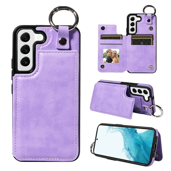 Nalacover for Samsung Galaxy S22 Wallet Case with Card Slots & Metal Finger Ring, Durable PU Leather Back Double Magnetic Botton Flip Kickstand Purse Shockproof Phone Case,Purple