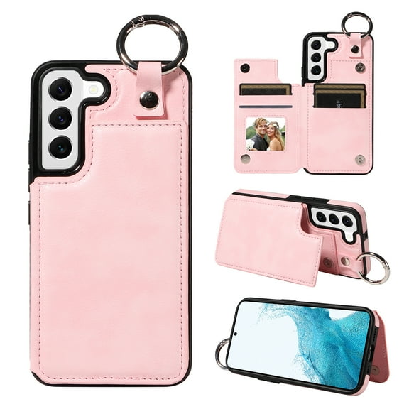 Nalacover for Samsung Galaxy S22 Wallet Case with Card Slots & Metal Finger Ring, Durable PU Leather Back Double Magnetic Botton Flip Kickstand Purse Shockproof Phone Case,Rosegold