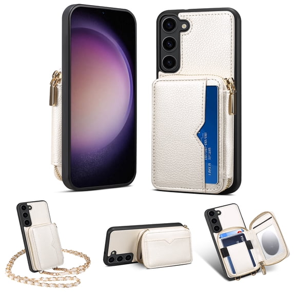 Nalacover for Samsung Galaxy S23 Crossbody Wallet Case for Women Men,Premium PU Leather Zipper Pocket ID Credit Card Slots Kickstand Phone Case with Removable Metal Shoulder Strap,White