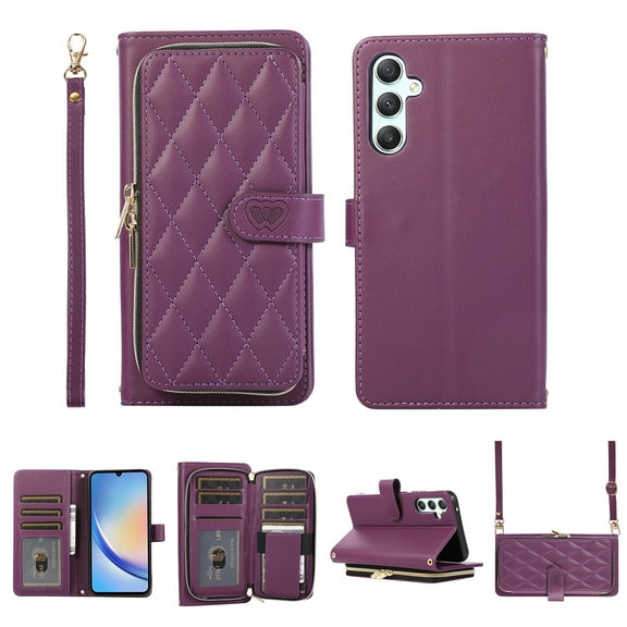 Nalacover for Samsung Galaxy S23 FE Premium PU Leather Crossbody Case with Shoulder Strap & Wrist Strap,Shockproof Magnetic Flip Kickstand Credit Card Slots Zipper Wallet Phone Case,Darkpurple