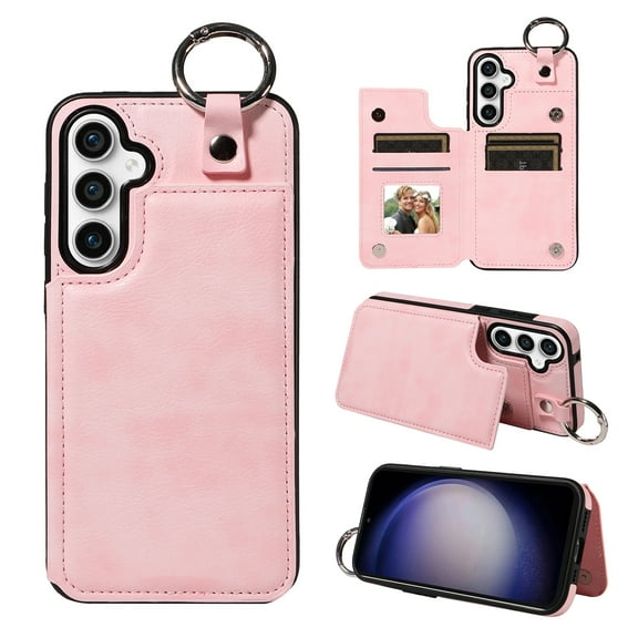 Nalacover for Samsung Galaxy S23 FE Wallet Case with Card Slots & Metal Finger Ring, Durable PU Leather Back Double Magnetic Botton Flip Kickstand Purse Shockproof Phone Case,Rosegold