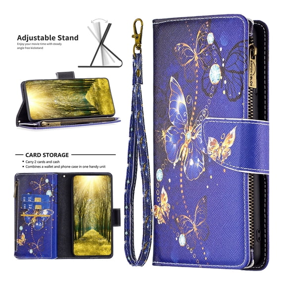 Nalacover for Samsung Galaxy S23 FE Zipper Wallet Case with Card Slots Holder, Floral Flower Pattern PU Leather Flip Cover for Women Girls, Wrist Strap Kickstand Magnetic Clasp Case,Purple Butterfly