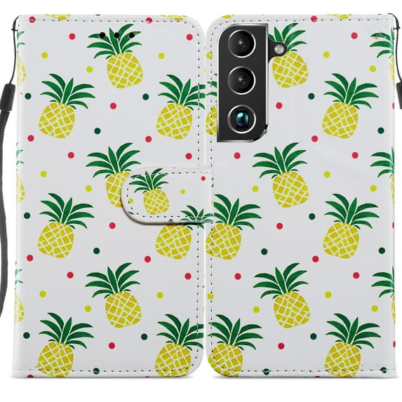 Nalacover for Samsung Galaxy S23 Pattern Printing Wallet Case with Card Slots Kickstand, PU Leather Magnetic Clasp Wrist Hand Strap Shockproof Flip Cover for Samsung Galaxy S23, Pineapple