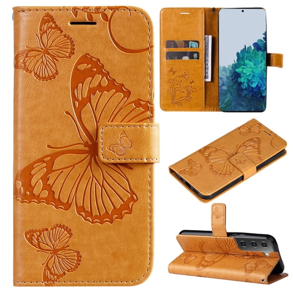 Nalacover For Samsung Galaxy S23 Plus Case,Luxury 360 Protection Embossed Butterfly PU Leather and Soft TPU Flip Kickstand Magnetic Card Wallet Shockproof Protective Cover with Wrist Strap.Yellow