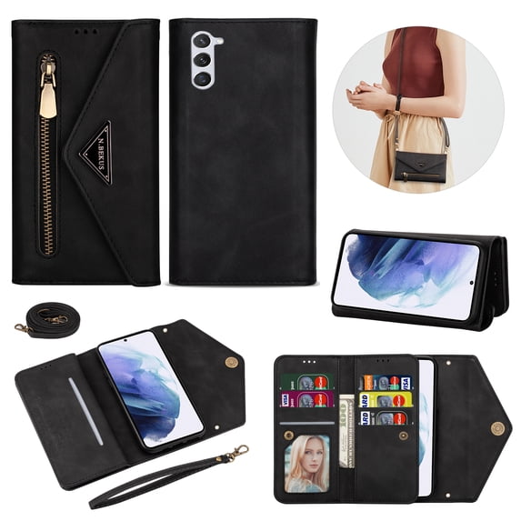Nalacover for Samsung Galaxy S23 Plus Wallet Case, Crossbody Envelope Leather Soft TPU Magnetic Flip Kickstand Card Slots Zipper Pocket Cover with Shoulder Strap For Samsung Galaxy S23 Plus, Black