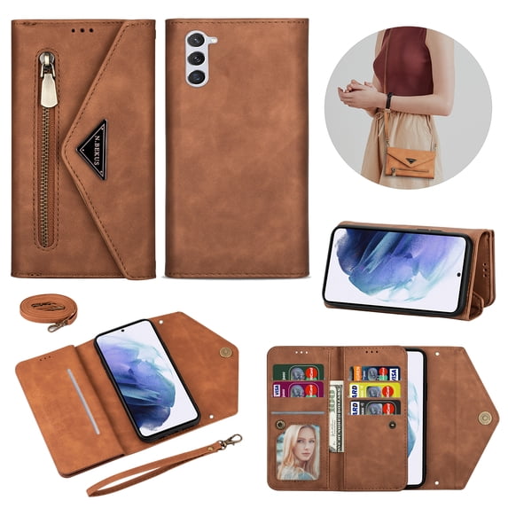 Nalacover for Samsung Galaxy S23 Plus Wallet Case, Crossbody Envelope Leather Soft TPU Magnetic Flip Kickstand Card Slots Zipper Pocket Cover with Shoulder Strap For Samsung Galaxy S23 Plus, Brown