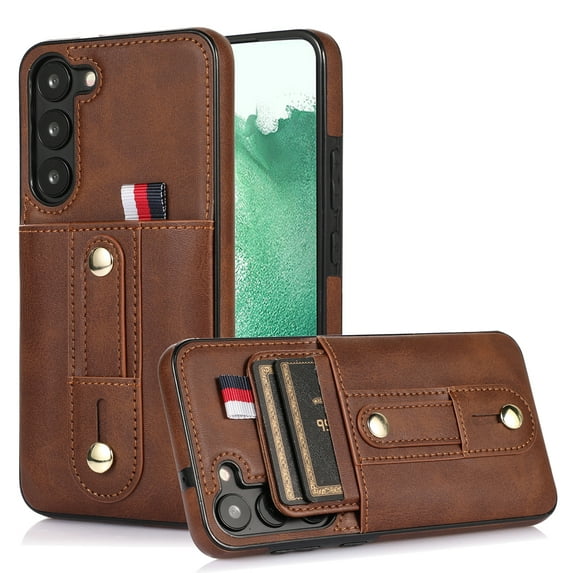 Nalacover for Samsung Galaxy S23 Plus Wallet Case Hidden Card Slots Holder, Premium PU Leather Loop Finger Strap TPU Shockproof Lens Protection Cover for Samsung Galaxy S23 Plus,Brown
