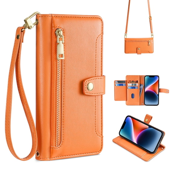 Nalacover for Samsung Galaxy S23 Plus Wallet Case with Lanyard Crossbody & Wrist Hand Strap, 6 Card Slots Zipper Pocket PU Leather Flip Cover with Magnetic Stand Shockproof Protective Case,Orange