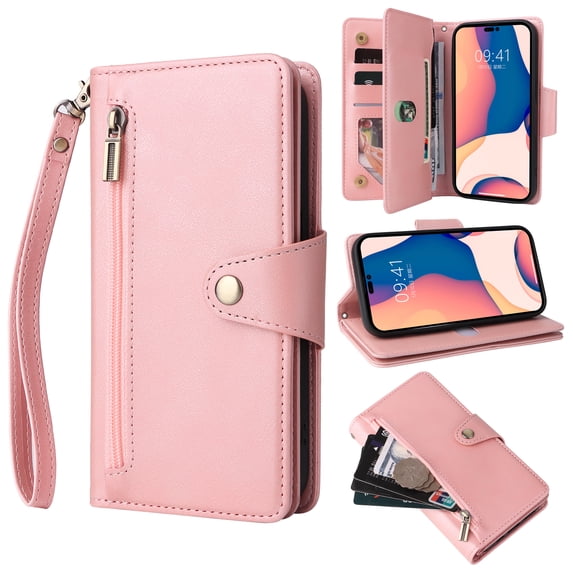 Nalacover For Samsung Galaxy S23 Plus Zipper Wallet Case,360 Protection Stylish PU Leather Shockproof Magnetic Flip Holder 6 Card Slots and 2 Cash Pockets Cover with Detachable Wrist Strap,Pink