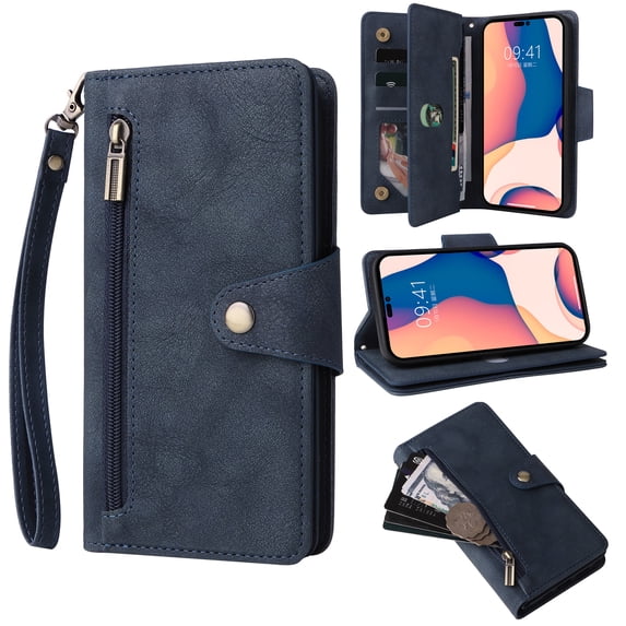 Nalacover For Samsung Galaxy S23 Plus Zipper Wallet Case,360 Protection Stylish PU Leather Shockproof Magnetic Flip Holder 6 Card Slots and 2 Cash Pockets Cover with Detachable Wrist Strap,Blue