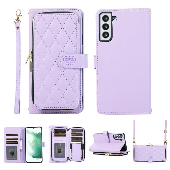 Nalacover for Samsung Galaxy S23 Premium PU Leather Crossbody Case with Shoulder Strap & Wrist Strap,Shockproof Magnetic Flip Kickstand Credit Card Slots Zipper Wallet Phone Case,Purple