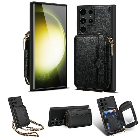 Nalacover for Samsung Galaxy S23 Ultra Crossbody Wallet Case for Women Men,Premium PU Leather Zipper Pocket ID Credit Card Slots Kickstand Phone Case with Removable Metal Shoulder Strap,Black