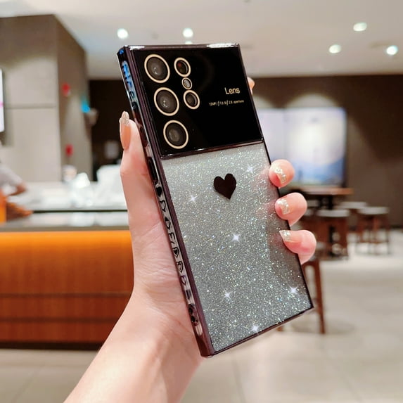 Nalacover for Samsung Galaxy S23 Ultra Heart Pattern Plating Sparkle Case, Gradient Glitter Shining Paper + Clear Rugged PC Back Shockproof Non-Yellowing Cover with Camera Lens Protective Film,Black