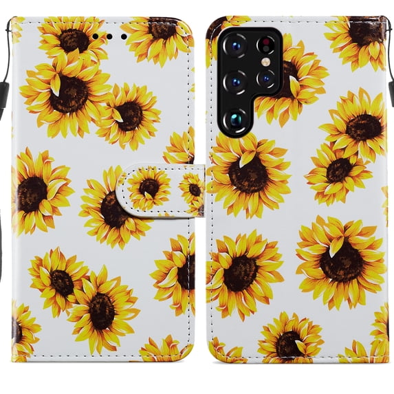 Nalacover for Samsung Galaxy S23 Ultra Pattern Printing Wallet Case with Card Slots Kickstand, PU Leather Magnetic Clasp Wrist Hand Strap Shockproof Flip Cover for Galaxy S23 Ultra, Sunflower