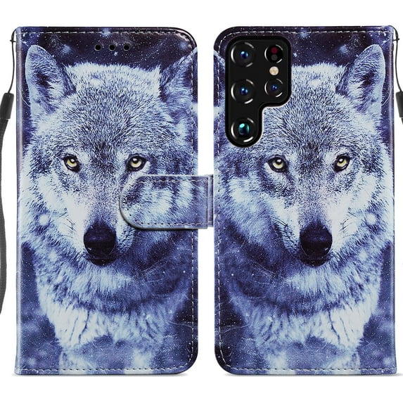 Nalacover for Samsung Galaxy S23 Ultra Pattern Printing Wallet Case with Card Slots Kickstand, PU Leather Magnetic Clasp Wrist Hand Strap Shockproof Flip Cover for Galaxy S23 Ultra, Lovely Wolf