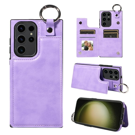 Nalacover for Samsung Galaxy S23 Ultra Wallet Case with Card Slots & Metal Finger Ring, Durable PU Leather Back Double Magnetic Botton Flip Kickstand Purse Shockproof Phone Case,Purple