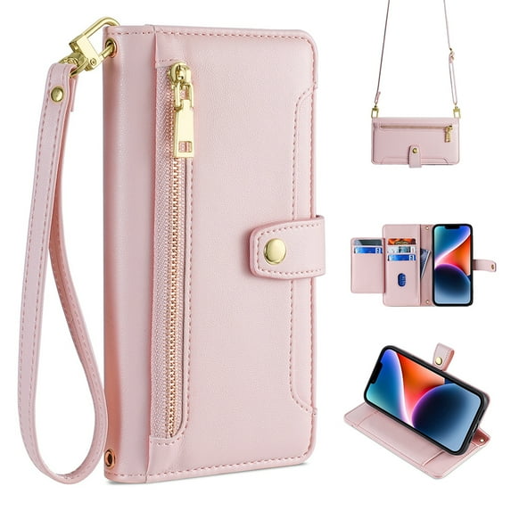Nalacover for Samsung Galaxy S23 Ultra Wallet Case with Lanyard Crossbody & Wrist Hand Strap, 6 Card Slots Zipper Pocket PU Leather Flip Cover with Magnetic Stand Shockproof Protective Case,Pink