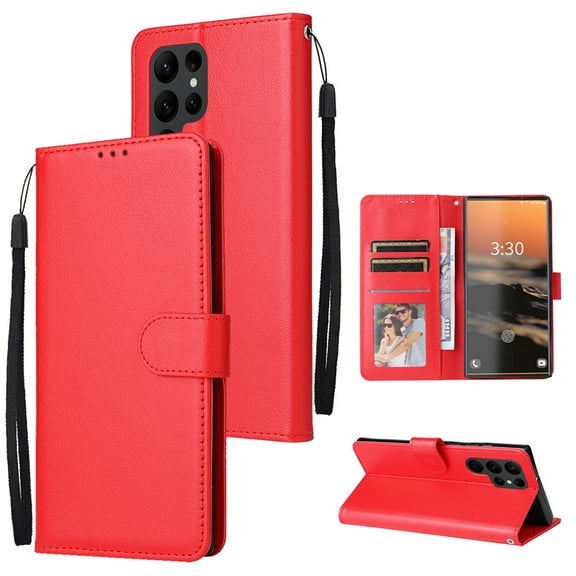 Nalacover for Samsung Galaxy S23 Ultra Wallet Case with Premium PU Leather Card Slots Holder Photograph Slot Cover, Soft Silicone Shockproof Magnetic Clasp Kickstand Wrist Strap Flip Case, Red