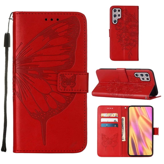Nalacover for Samsung Galaxy S23 Ultra Wallet Case, Rhinestone Butterfly& Flower Pattern Cover with Card Slots Holder Kickstand, Wrist Strap Handbag PU Leather Magnetic Clasp Shockproof Case, Red