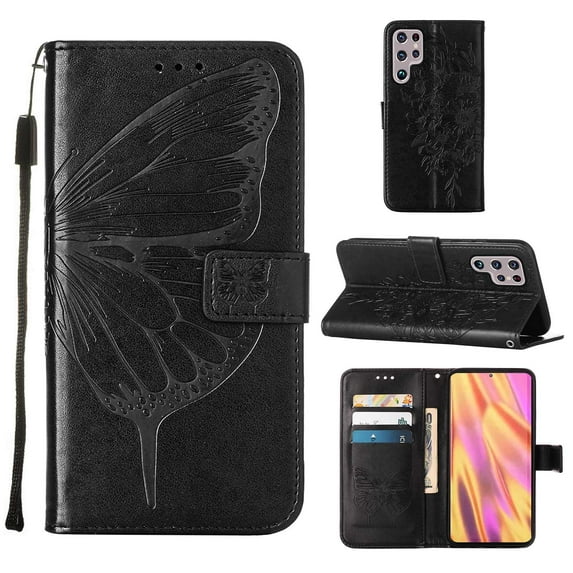 Nalacover for Samsung Galaxy S23 Ultra Wallet Case, Rhinestone Butterfly& Flower Pattern Cover with Card Slots Holder Kickstand, Wrist Strap Handbag PU Leather Magnetic Clasp Shockproof Case, Black