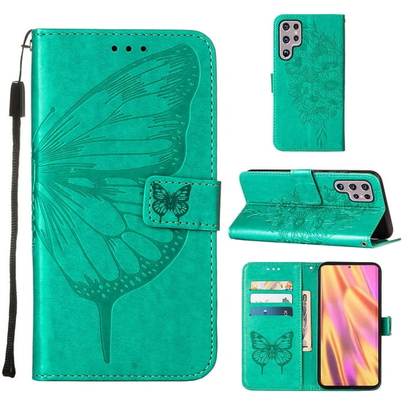 Nalacover for Samsung Galaxy S23 Ultra Wallet Case, Rhinestone Butterfly& Flower Pattern Cover with Card Slots Holder Kickstand, Wrist Strap Handbag PU Leather Magnetic Clasp Shockproof Case, Green