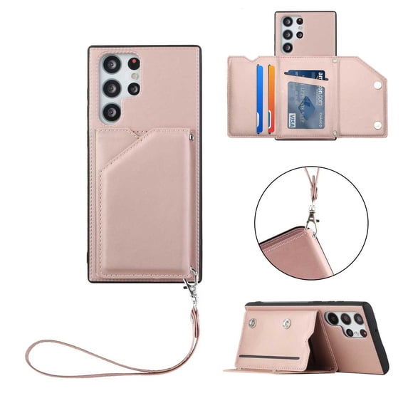Nalacover for Samsung Galaxy S23 Ultra Wallet Phone Case,Luxury Stylish PU Leather Flip Kickstand Card Slots Shockproof Anti-Scratch Back Cover with Adjustable Detachable Lanyard Strap.Rosegold