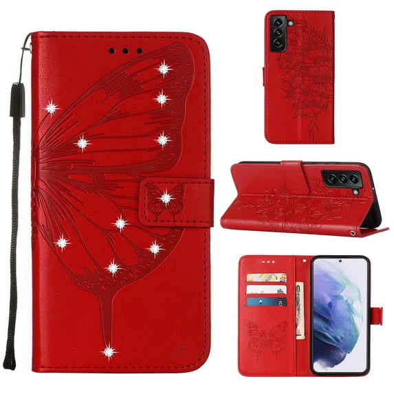 Nalacover for Samsung Galaxy S23 Wallet Case, Rhinestone Butterfly& Flower Pattern Cover with Card Slots Holder Kickstand, Wrist Strap Handbag PU Leather Magnetic Clasp Shockproof Case, Red