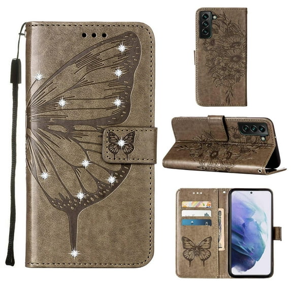 Nalacover for Samsung Galaxy S23 Wallet Case, Rhinestone Butterfly& Flower Pattern Cover with Card Slots Holder Kickstand, Wrist Strap Handbag PU Leather Magnetic Clasp Shockproof Case, Gray