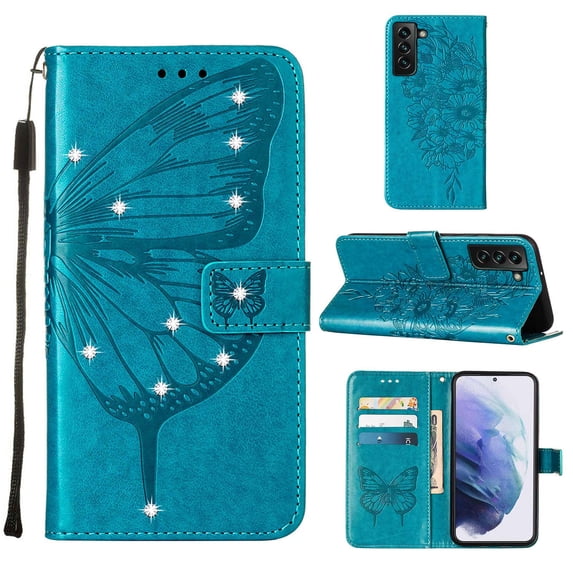 Nalacover for Samsung Galaxy S23 Wallet Case, Rhinestone Butterfly& Flower Pattern Cover with Card Slots Holder Kickstand, Wrist Strap Handbag PU Leather Magnetic Clasp Shockproof Case, Blue
