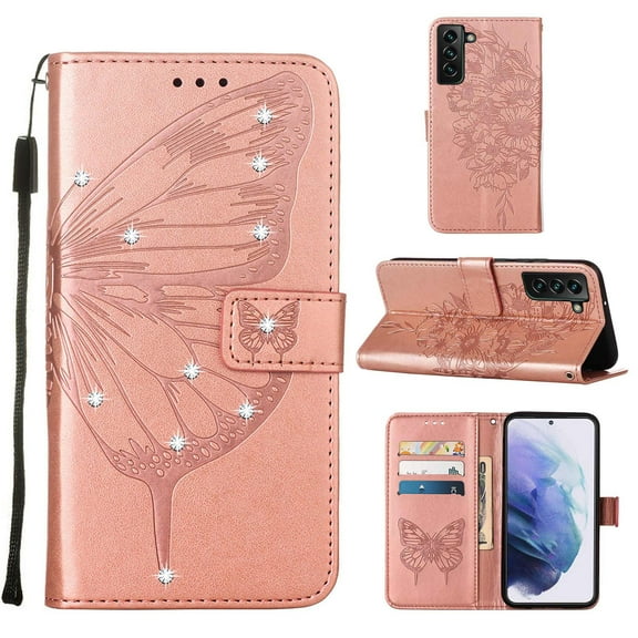 Nalacover for Samsung Galaxy S23 Wallet Case, Rhinestone Butterfly& Flower Pattern Cover with Card Slots Holder Kickstand, Wrist Strap Handbag PU Leather Magnetic Clasp Shockproof Case, Rosegold