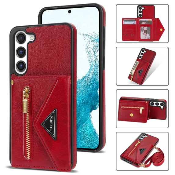 Nalacover for Samsung Galaxy S23 Zipper Wallet Case,Luxury PU Leather Back Soft TPU Magnetic Buckle Flip Card Pocket Shockproof Slim Cover with Adjustable Crossbody Shoulder Strap,Red