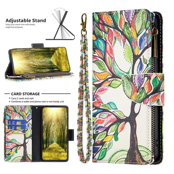 Nalacover for Samsung Galaxy S24 Plus Zipper Wallet Case with Card Slots Holder, Floral Flower Pattern PU Leather Flip Cover for Women Girls, Wrist Strap Kickstand Magnetic Clasp Case, Tree