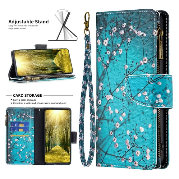 Nalacover for Samsung Galaxy S24 Plus Zipper Wallet Case with Card Slots Holder, Floral Flower Pattern PU Leather Flip Cover for Women Girls, Wrist Strap Kickstand Magnetic Clasp Case, Plum Blossom