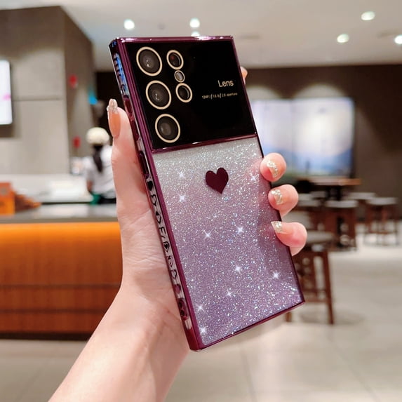 Nalacover for Samsung Galaxy S24 Ultra Heart Pattern Glitter Plating Case with Camera Lens Protective Film, Gradient Shining Paper + Clear Rugged PC Back Shockproof Non-Yellowing Cover, Darkpurple