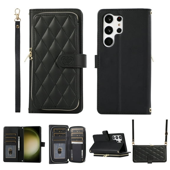 Nalacover for Samsung Galaxy S24 Ultra Premium PU Leather Crossbody Case with Shoulder Strap & Wrist Strap,Shockproof Magnetic Flip Kickstand Credit Card Slots Zipper Wallet Phone Case,Black