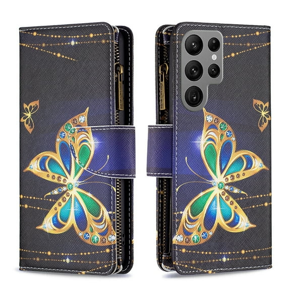 Nalacover for Samsung Galaxy S24 Ultra Zipper Wallet Case with Card Slots Holder, Floral Flower Pattern PU Leather Flip Cover for Women Girls, Wrist Strap Kickstand Magnetic Clasp Case, Gold Butterfly