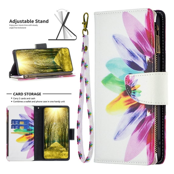 Nalacover for Samsung Galaxy S24 Zipper Wallet Case with Card Slots Holder, Floral Flower Pattern PU Leather Flip Cover for Women Girls, Wrist Strap Kickstand Magnetic Clasp Case, Sun Flower
