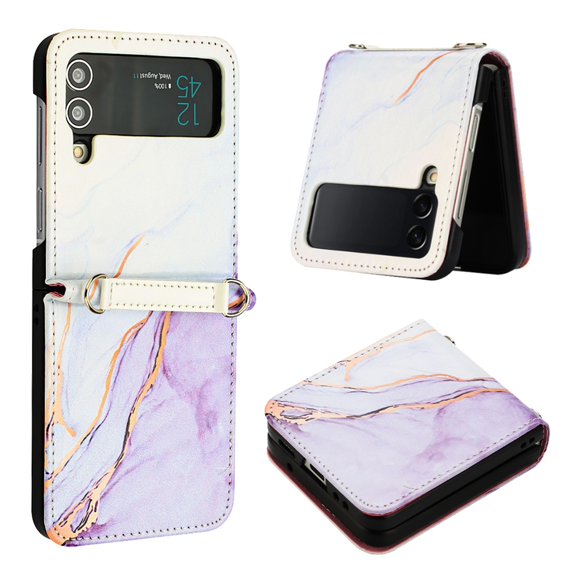 Nalacover for Samsung Galaxy Z Flip 4 PU Leather Case,Full Body Protection Stylish Marble Pattern Magnetic Clasp Flip Wireless Charging Detachable Wrist Strap Cover for Girls Women,Purple & White