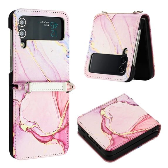 Nalacover for Samsung Galaxy Z Flip 4 PU Leather Case,Full Body Protection Stylish Marble Pattern Magnetic Clasp Flip Wireless Charging Detachable Wrist Strap Cover for Girls Women,Rosegold