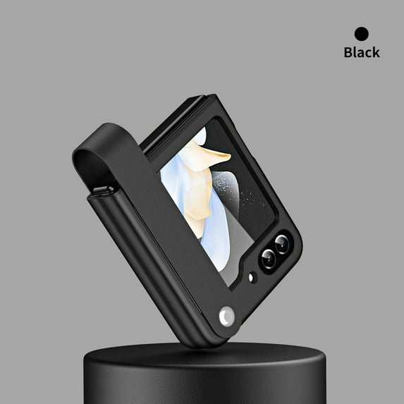 Nalacover for Samsung Galaxy Z Flip 5 Case with Finger Strap, Galaxy Z Flip5 Case PU Leather Slim Cover with Secure Finger Grip & Stand Horizontal, Stylish Cute Phone Case for Women Girl, Black