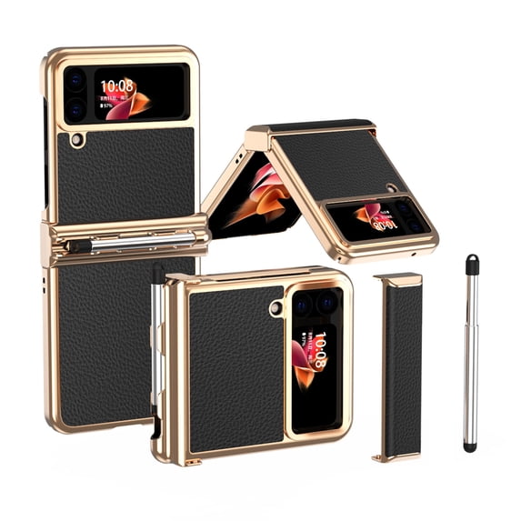 Nalacover for Samsung Galaxy Z Flip4 Protective Folding Case, S Pen Holder Hinge Protection Lytchee Pattern PU Leather Cover with Pen Stylus, Shockproof Full Coverage Case, Black + Gold