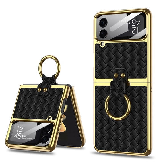 Nalacover for Samsung Galaxy Z Flip5 Electroplated Plain Folding Case with Ring Holder Screen Protective Film, Woven Pattern PU Leather Shockproof Anti-Scratches Slim Cover for Galaxy Z Flip5, Black