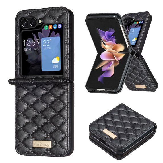 Nalacover for Samsung Galaxy Z Flip5 Elegant Women Case, Luxury Fashion Premium PU Leather Case Shockproof Phone Cover with Wrist Strap for Samsung Galaxy Z Flip5,Black
