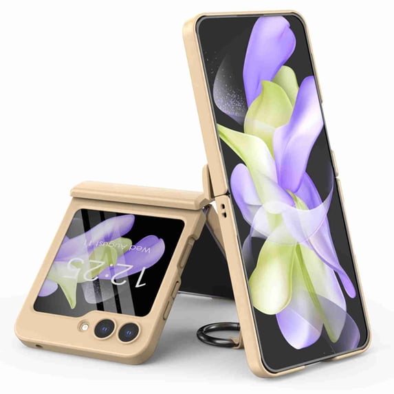 Nalacover for Samsung Galaxy Z Flip5 Hand Strap Ring Kickstand Case, Slim Folding Cover with Built-in Tempered Screen Protector Automatic Rebound Hinge Protection Rugged Shockproof Case, Gold