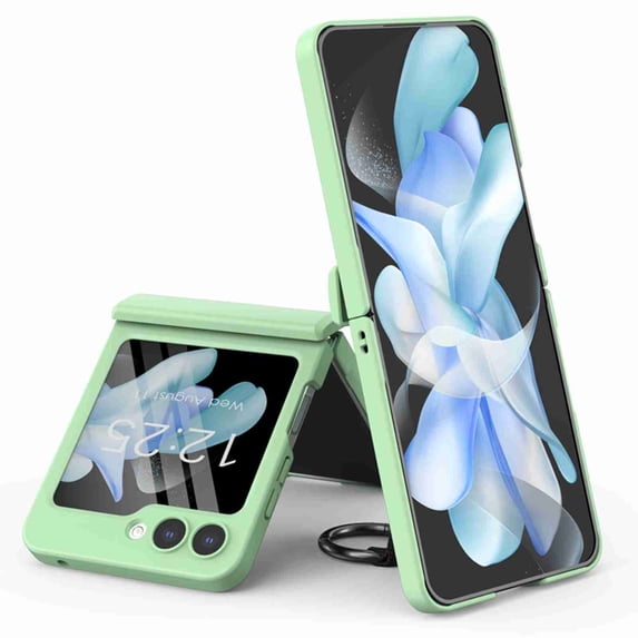 Nalacover for Samsung Galaxy Z Flip5 Hand Strap Ring Kickstand Case, Slim Folding Cover with Built-in Tempered Screen Protector Automatic Rebound Hinge Protection Rugged Shockproof Case, Green