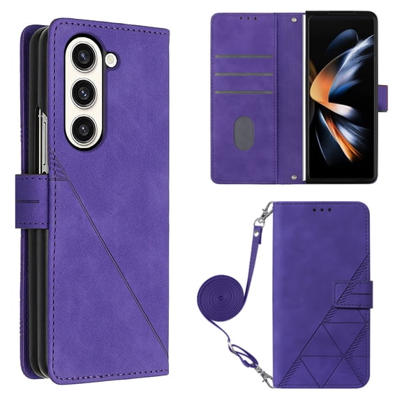 Nalacover For Samsung Galaxy Z Fold 5 Card Slot Case,Shockproof Premium PU Leather Magnetic Clasp Flip Stand Wallet for Women Men Cover with Removable Adjustable Crossbody Shoulder Strap,Purple