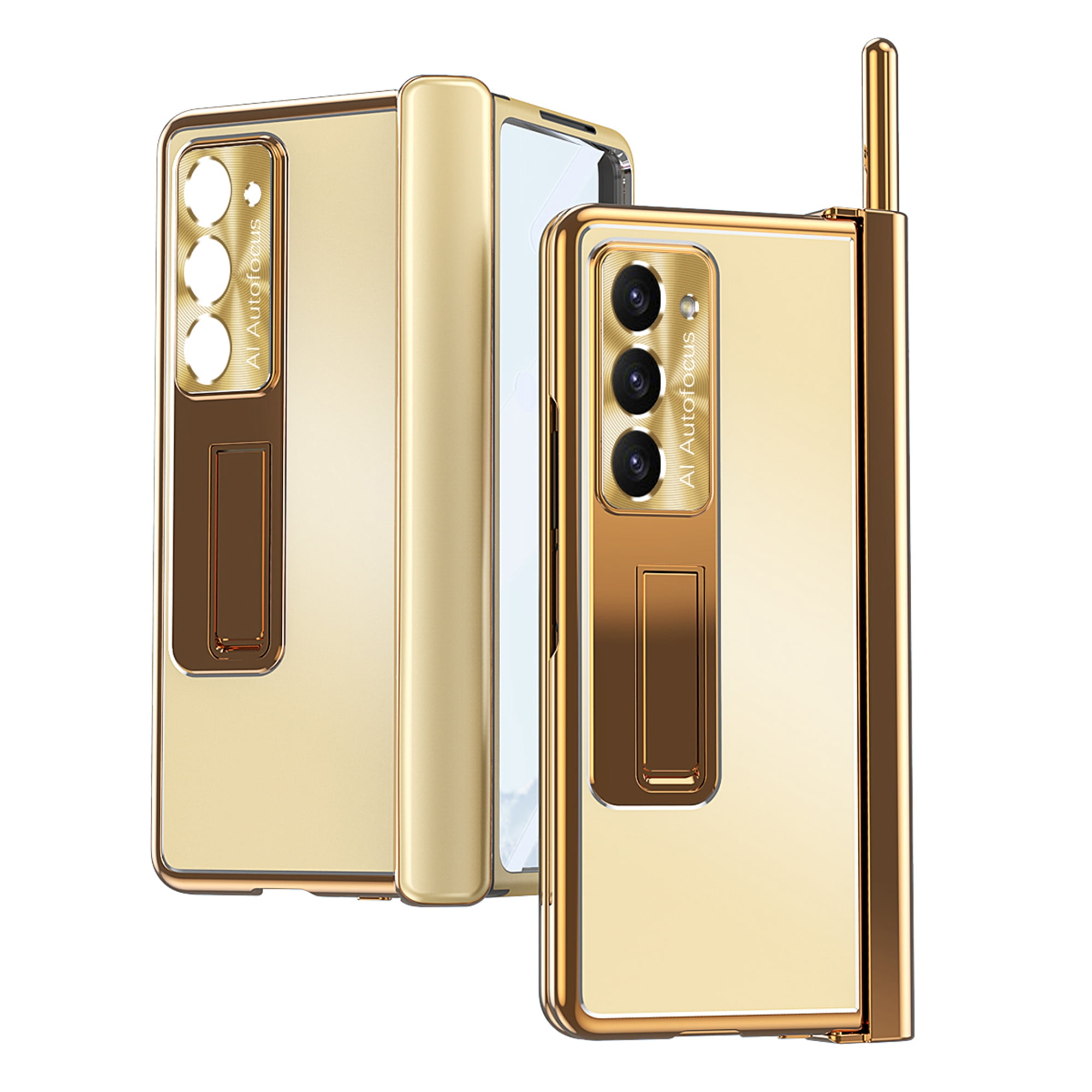 Nalacover for Samsung Galaxy Z Fold 6 Aluminum Metal Folding Case, S Pen Holder Hinge Protection Screen Film Cover with Hidden Bracket Plating Case for Samsung Galaxy Z Fold 6,Gold + Dark Gold