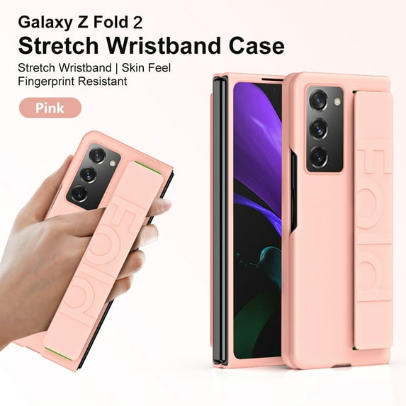 Nalacover for Samsung Galaxy Z Fold2 Wristband Case, Elastic Stretchable Woven Tape Hand Strap Rugged PC Shockproof Full Body Lens Protection Folding Cover for Samsung Galaxy Z Fold2,Pink